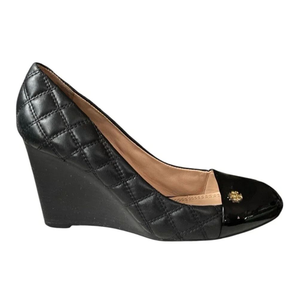 Tory Burch Women's Black Quilted Leather Wedge Patent Toe Size 8.5 US